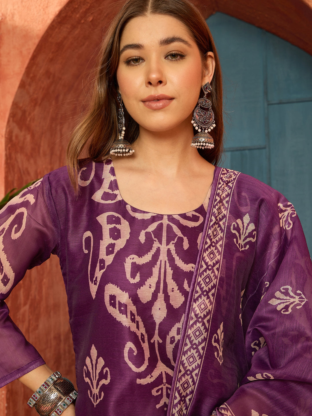 Ikkat Printed Chanderi Straight Kurta Pant Dupatta Set
