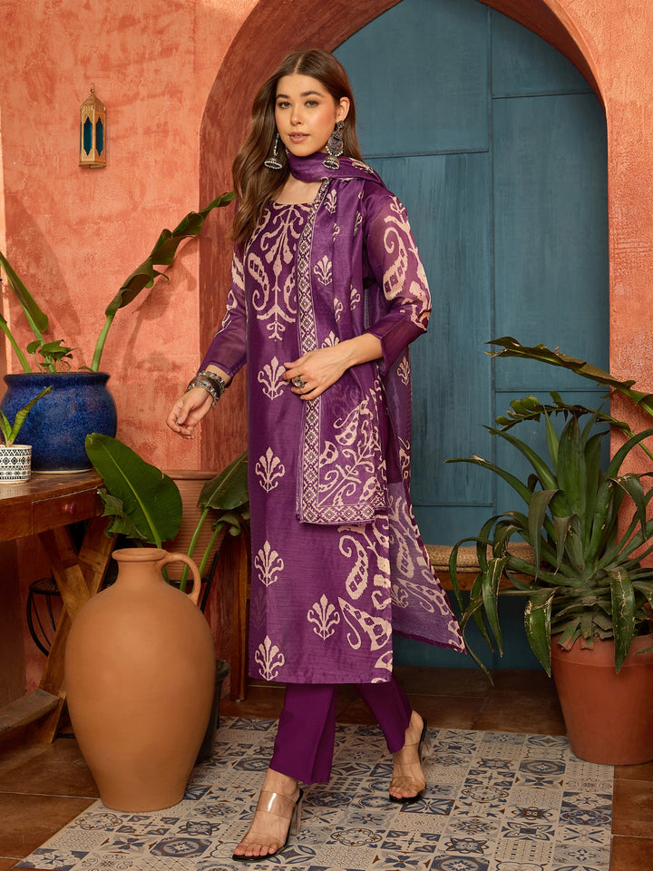 Ikkat Printed Chanderi Straight Kurta Pant Dupatta Set