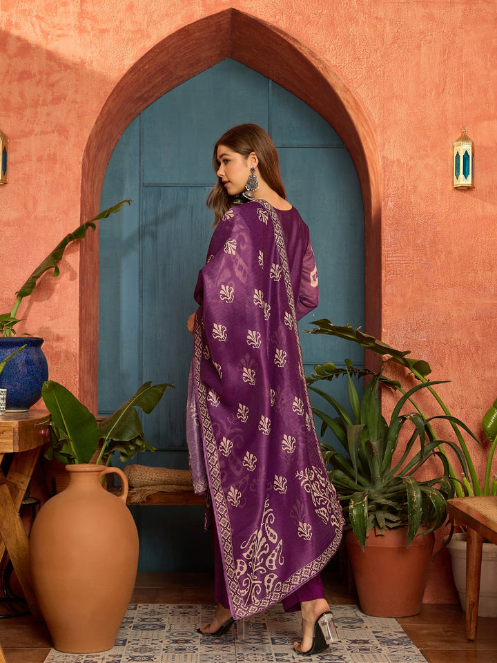 Ikkat Printed Chanderi Straight Kurta Pant Dupatta Set