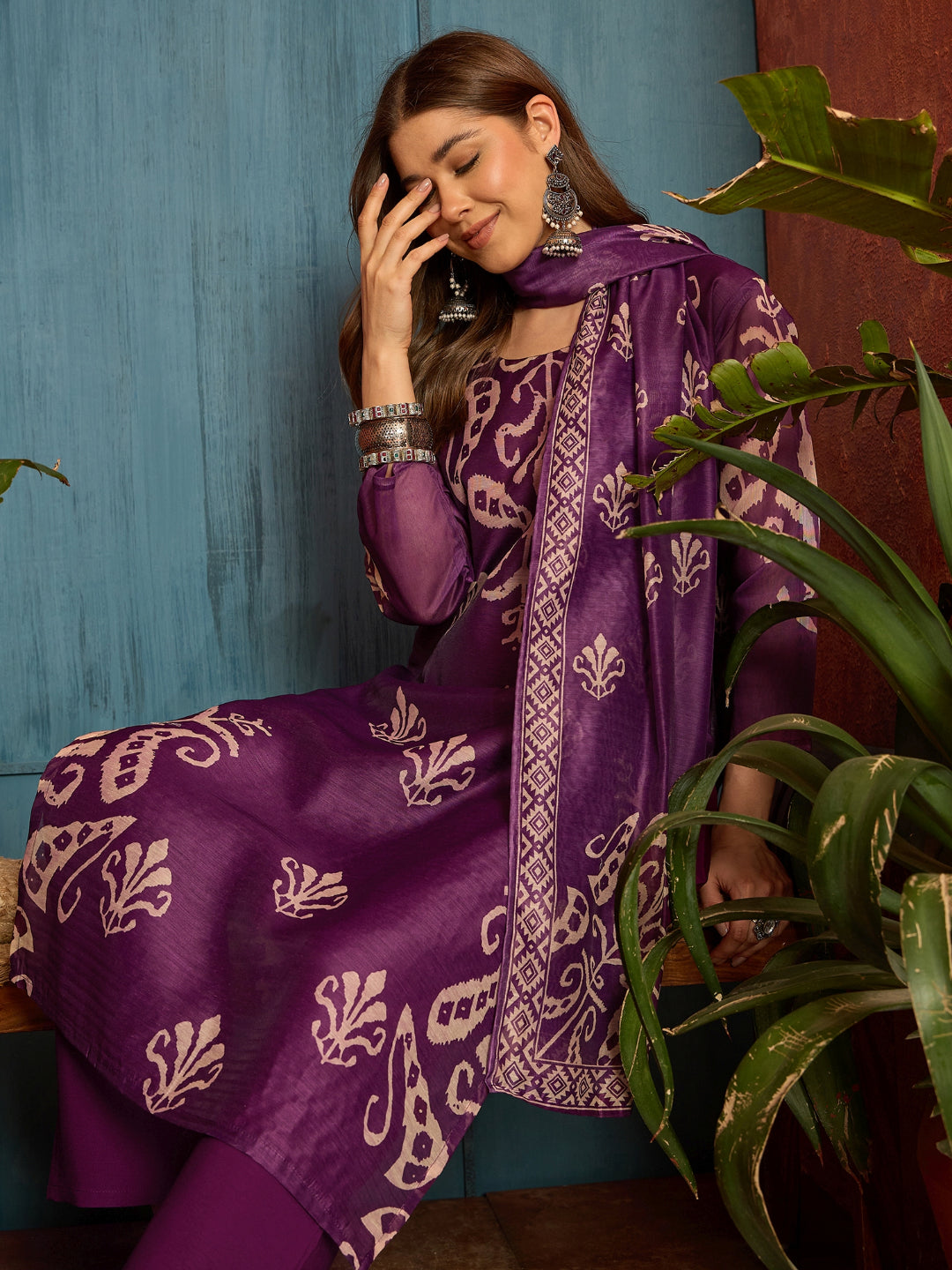 Ikkat Printed Chanderi Straight Kurta Pant Dupatta Set