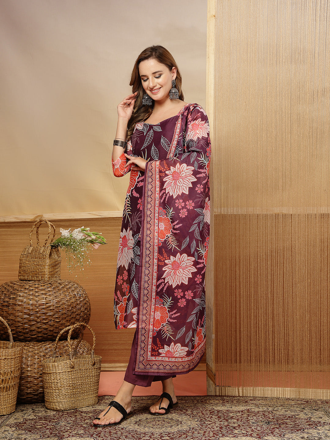 Floral Printed Chanderi Silk Straight Kurta Pant Dupatta Set