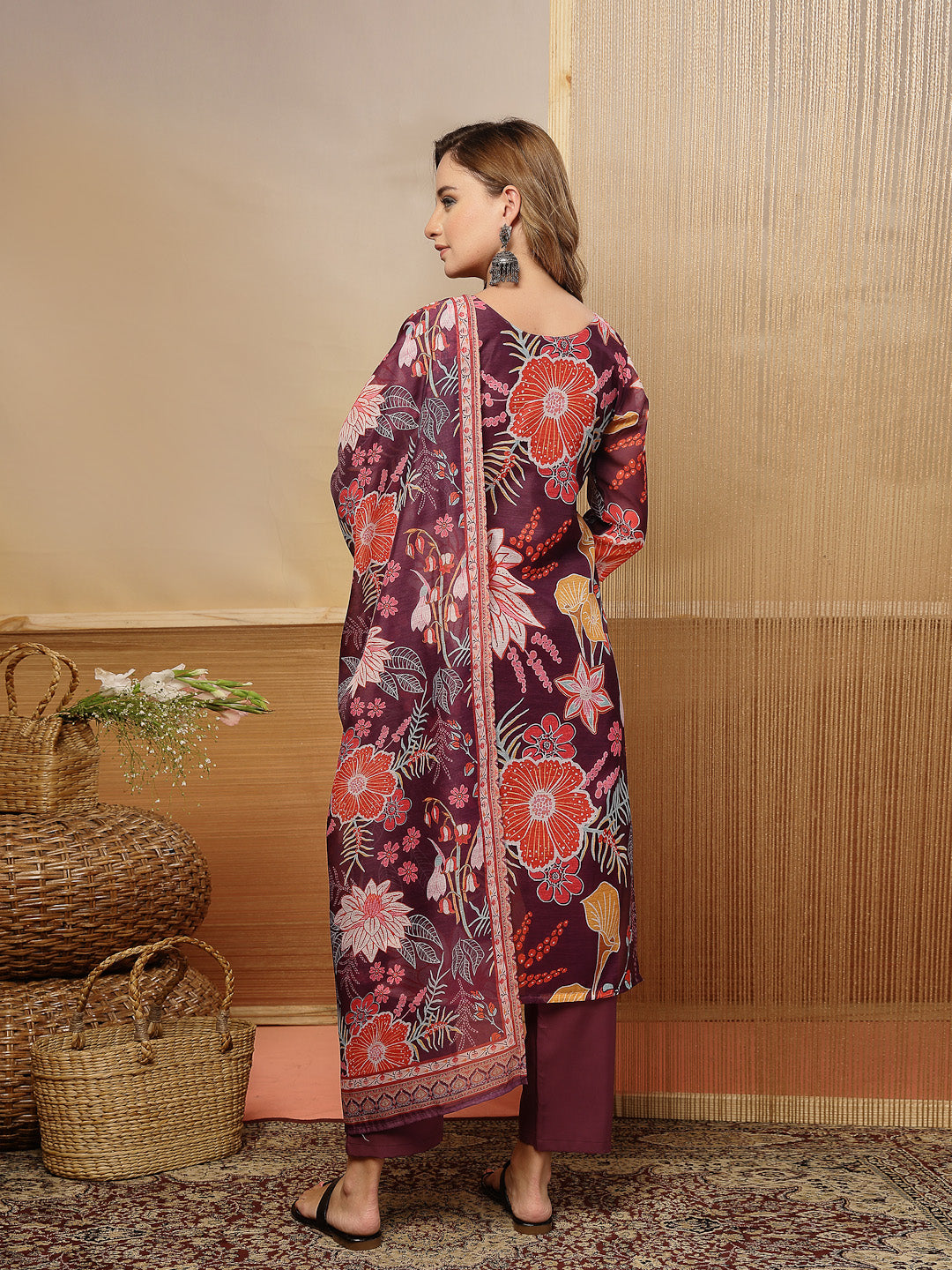 Floral Printed Chanderi Silk Straight Kurta Pant Dupatta Set