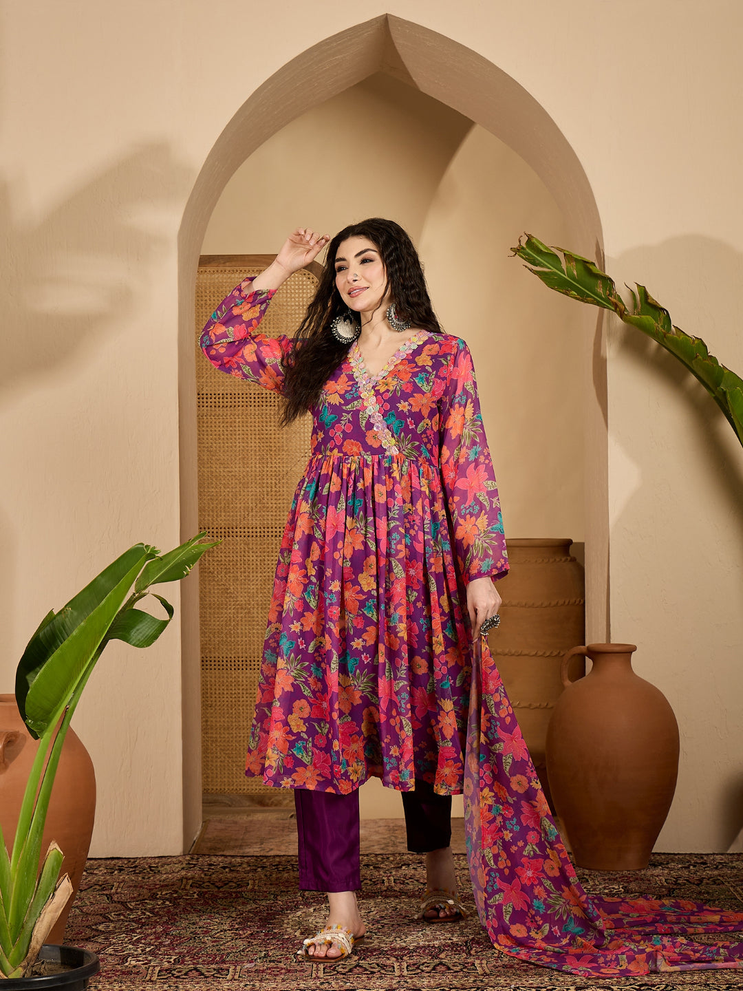 Floral Printed Aari Work Muslin Flared Kurta Pant Dupatta Set