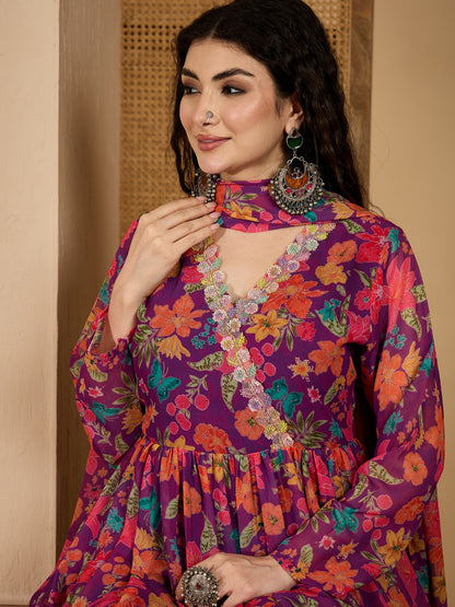 Floral Printed Aari Work Muslin Flared Kurta Pant Dupatta Set