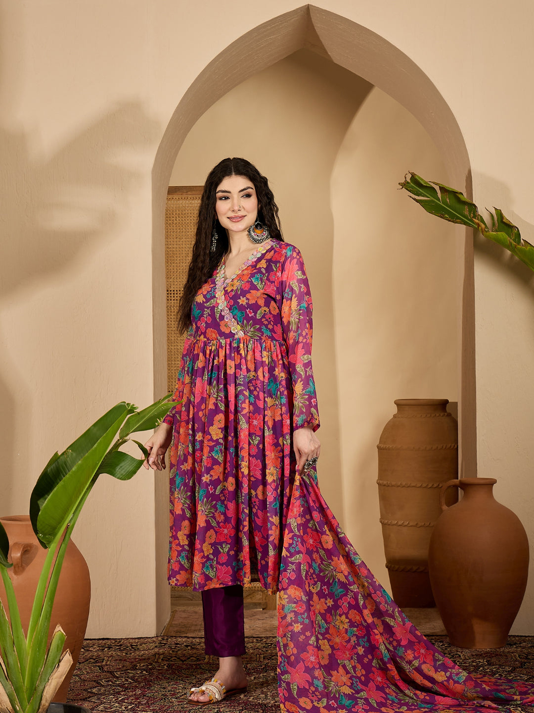 Floral Printed Aari Work Muslin Flared Kurta Pant Dupatta Set