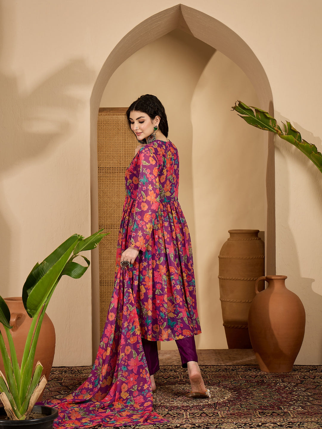 Floral Printed Aari Work Muslin Flared Kurta Pant Dupatta Set