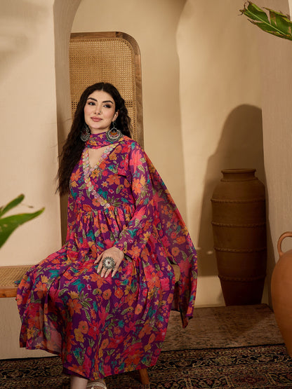 Floral Printed Aari Work Muslin Flared Kurta Pant Dupatta Set