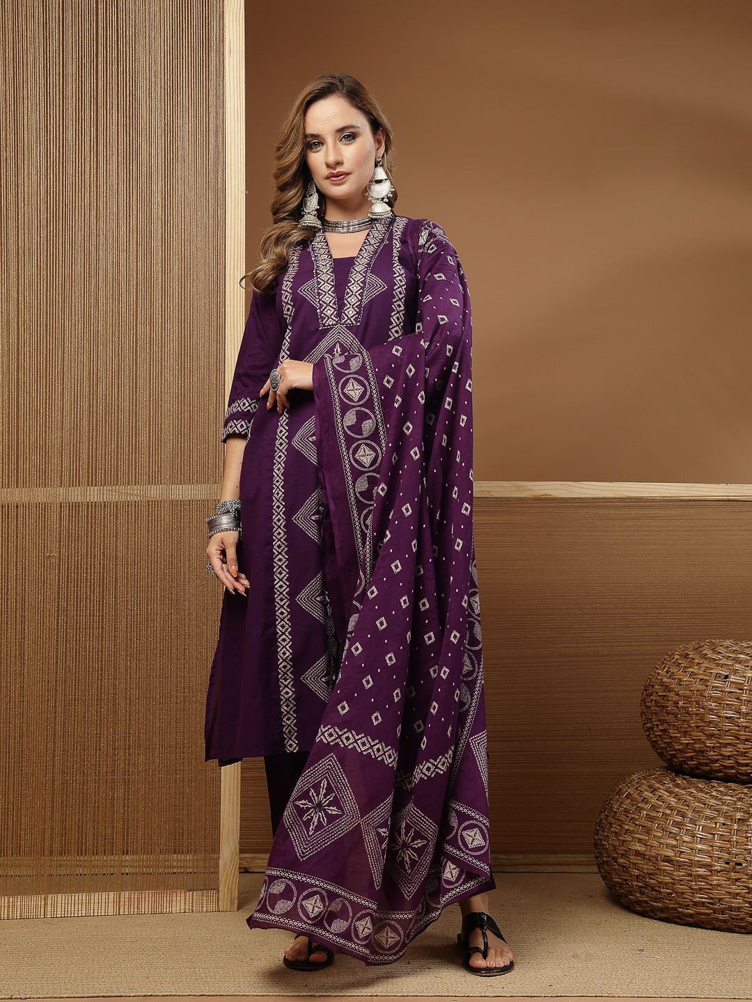 Bandhej Printed Cotton Straight Kurta Pant Dupatta Set