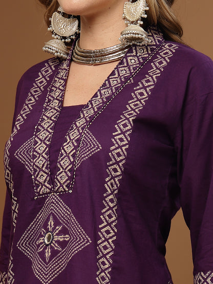 Bandhej Printed Cotton Straight Kurta Pant Dupatta Set