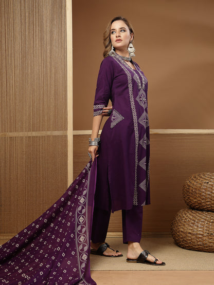 Bandhej Printed Cotton Straight Kurta Pant Dupatta Set