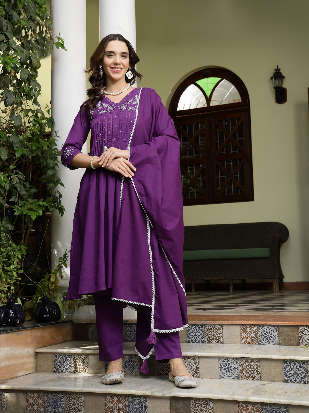 Purple Solid & Embroidered A-Line Cotton Kurta Pant Dupatta Set