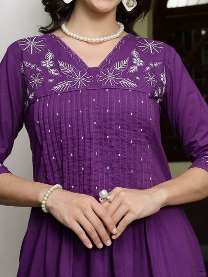 Purple Solid & Embroidered A-Line Cotton Kurta Pant Dupatta Set