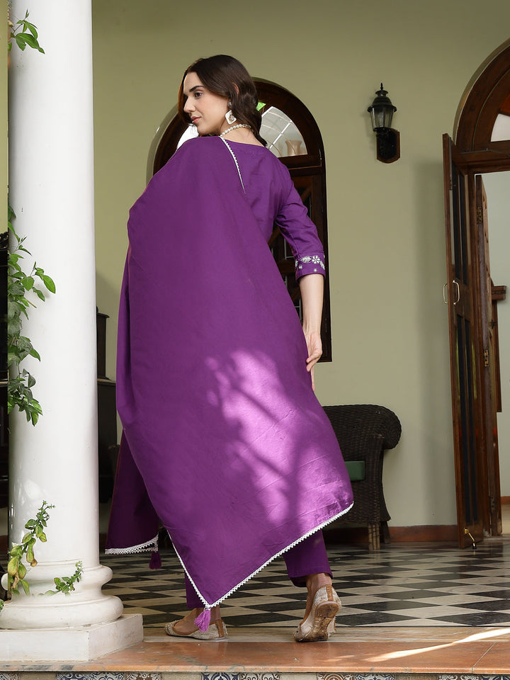 Purple Solid &amp; Embroidered A-Line Cotton Kurta Pant Dupatta Set