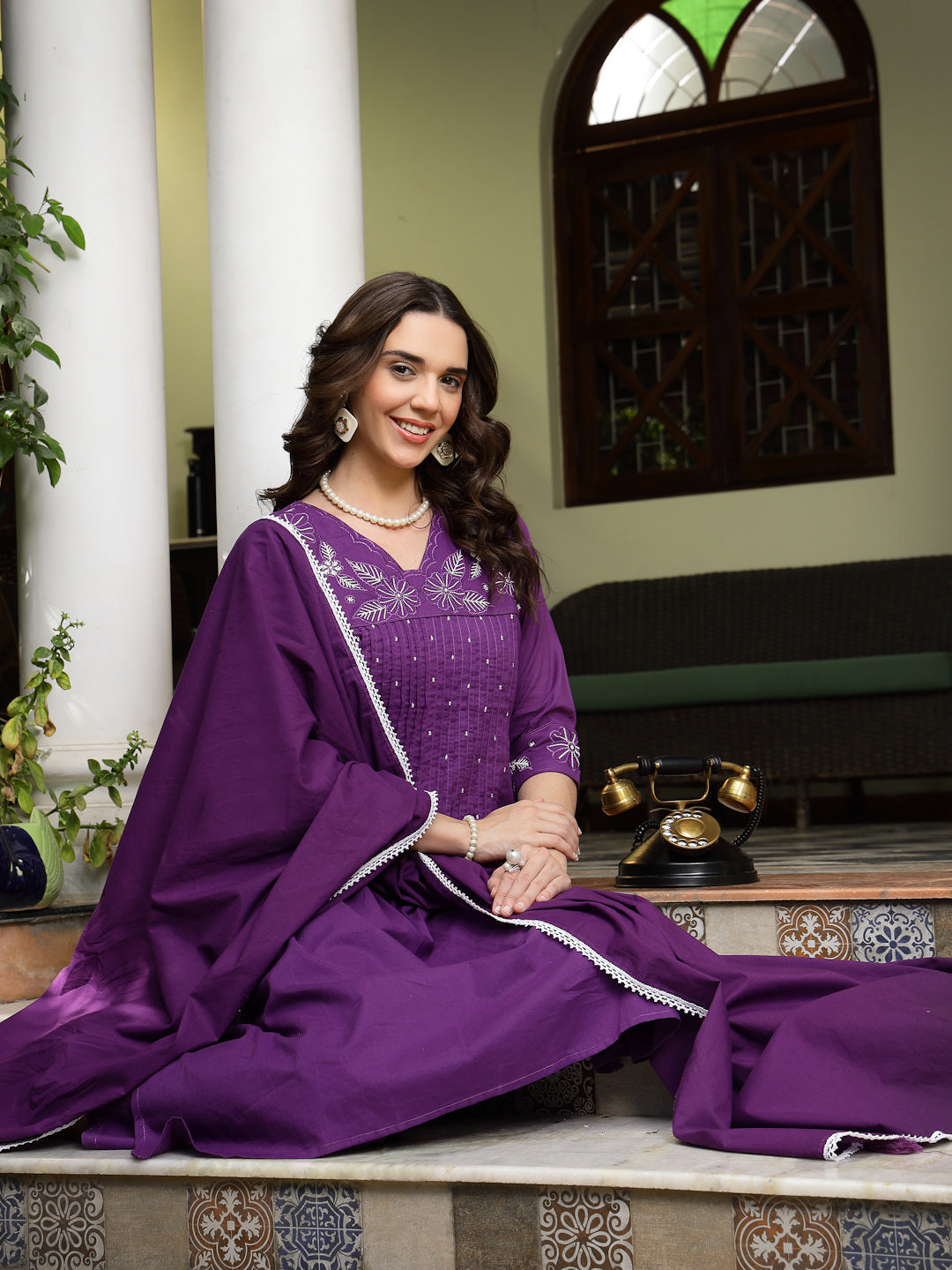 Purple Solid &amp; Embroidered A-Line Cotton Kurta Pant Dupatta Set