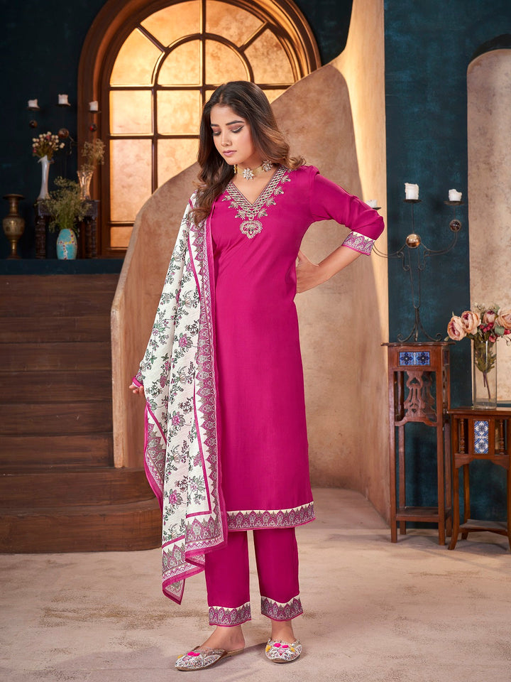Magenta Solid &amp; Embroidered Silk Straight Kurta Pant Dupatta Set