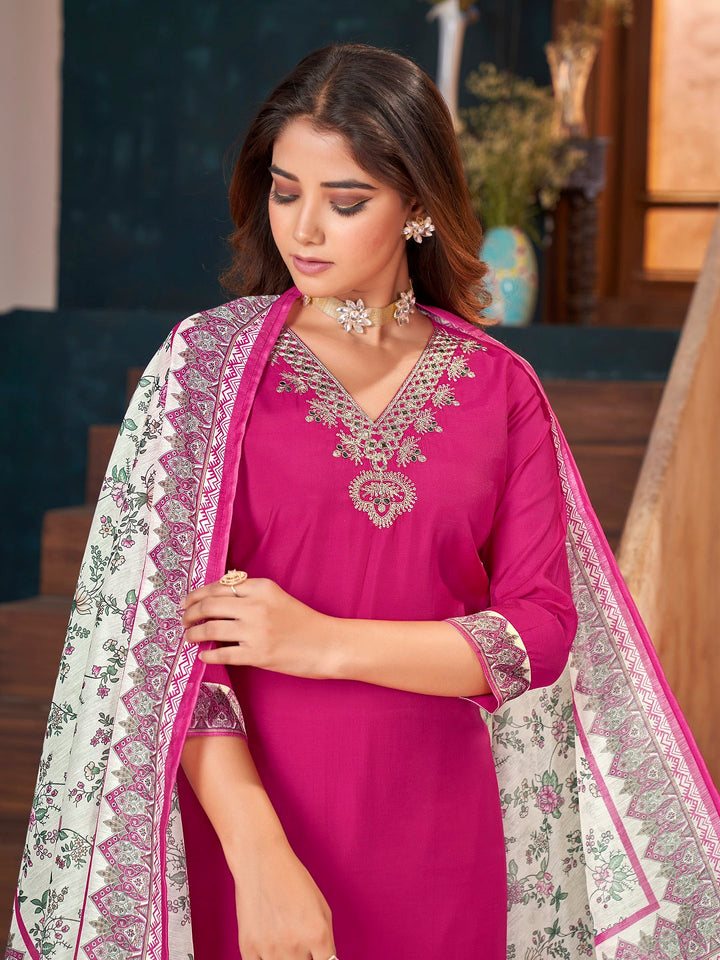 Magenta Solid &amp; Embroidered Silk Straight Kurta Pant Dupatta Set