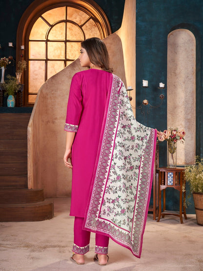 Magenta Solid & Embroidered Silk Straight Kurta Pant Dupatta Set
