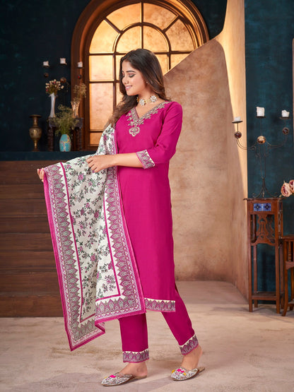 Magenta Solid & Embroidered Silk Straight Kurta Pant Dupatta Set (Pre-Order)