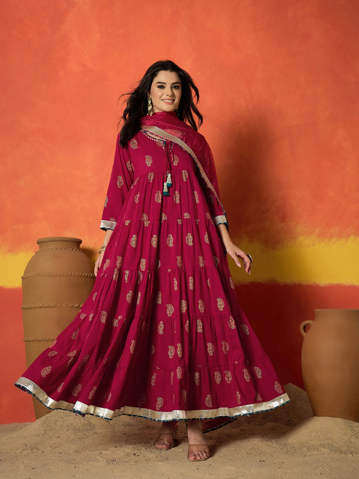 Paisley Gold Printed Pure Cotton Anarkali Kurta Pant Dupatta Set