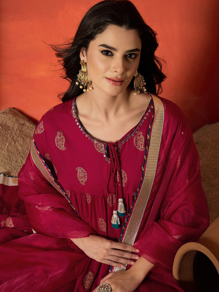 Paisley Gold Printed Pure Cotton Anarkali Kurta Pant Dupatta Set