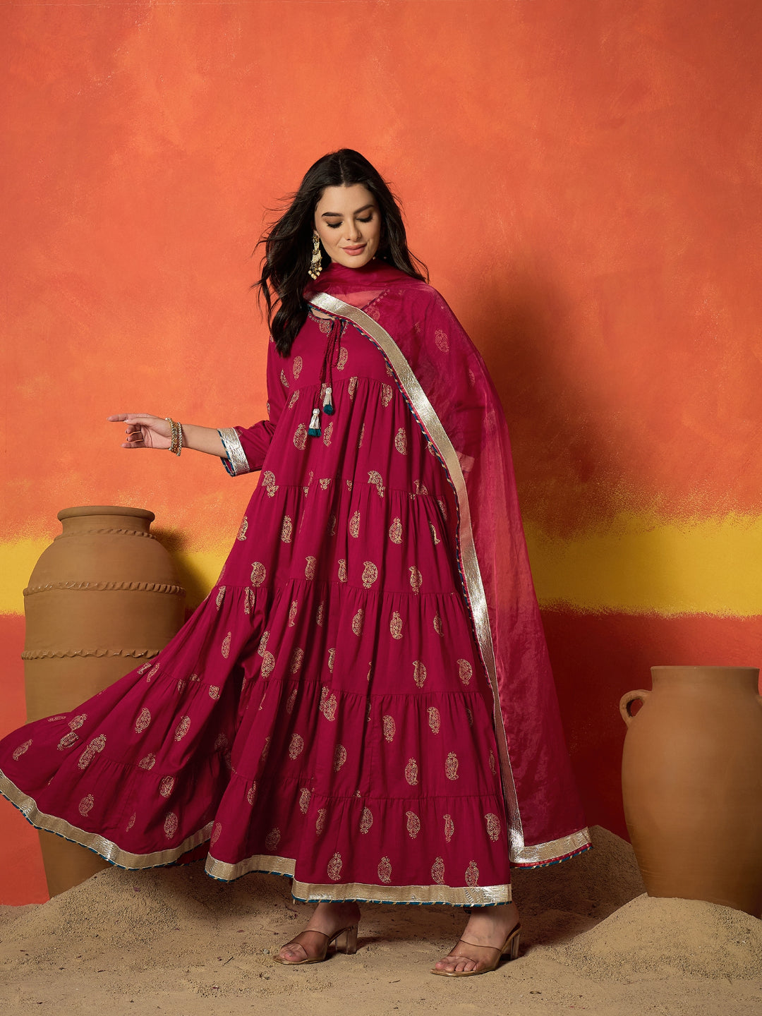 Paisley Gold Printed Pure Cotton Anarkali Kurta Pant Dupatta Set