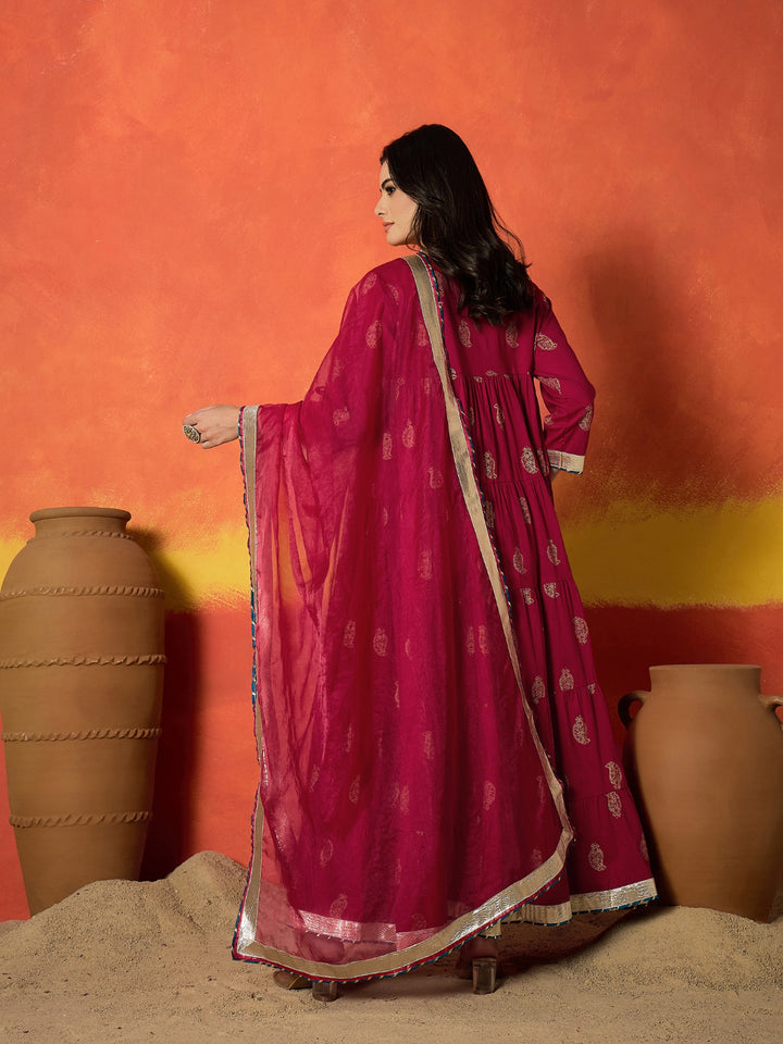 Paisley Gold Printed Pure Cotton Anarkali Kurta Pant Dupatta Set