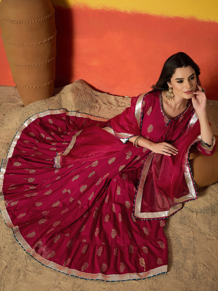Paisley Gold Printed Pure Cotton Anarkali Kurta Pant Dupatta Set