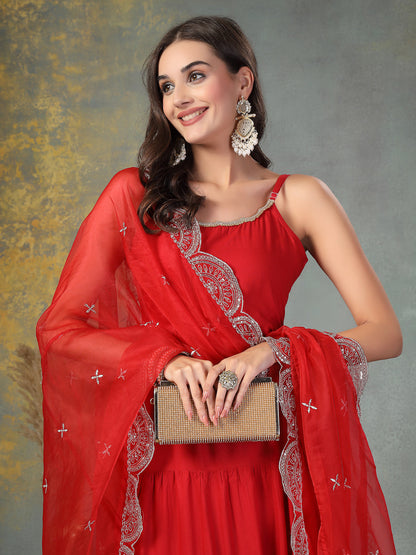 Red Solid Rayon Tiered Kurta Pant Dupatta Set