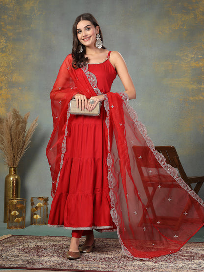 Red Solid Rayon Tiered Kurta Pant Dupatta Set