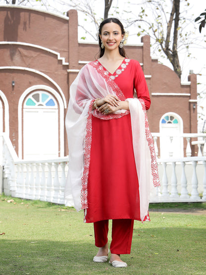 Red Solid & Embroidered Rayon Straight Kurta Pant Dupatta Set (Pre-Order)