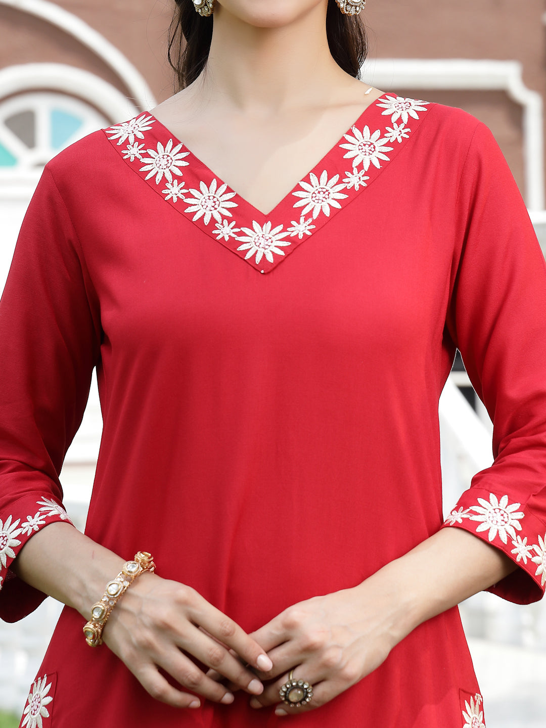 Red Solid & Embroidered Rayon Straight Kurta Pant Dupatta Set (Pre-Order)