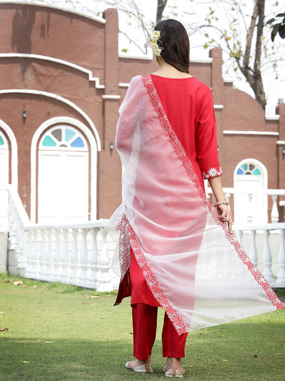 Red Solid & Embroidered Rayon Straight Kurta Pant Dupatta Set (Pre-Order)