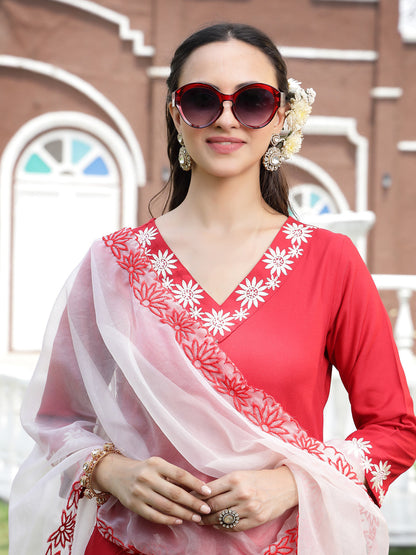 Red Solid & Embroidered Rayon Straight Kurta Pant Dupatta Set