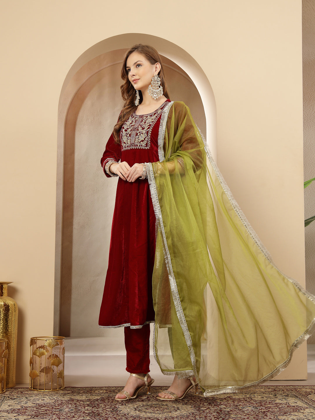 Red Solid & Embroidered Velvet Anarkali Kurta Pant Dupatta Set