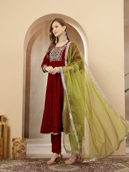 Red Solid & Embroidered Velvet Anarkali Kurta Pant Dupatta Set