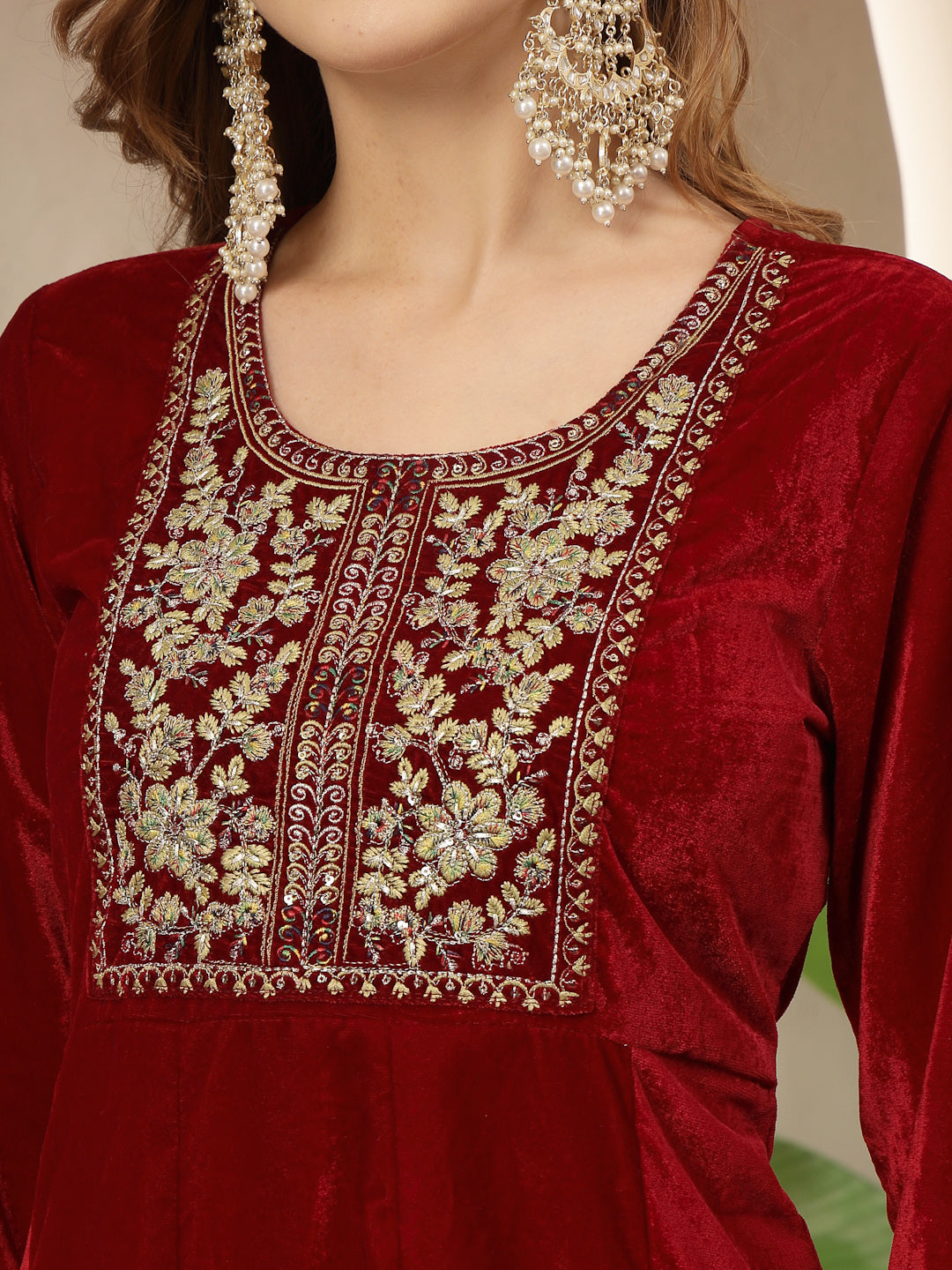 Red Solid & Embroidered Velvet Anarkali Kurta Pant Dupatta Set