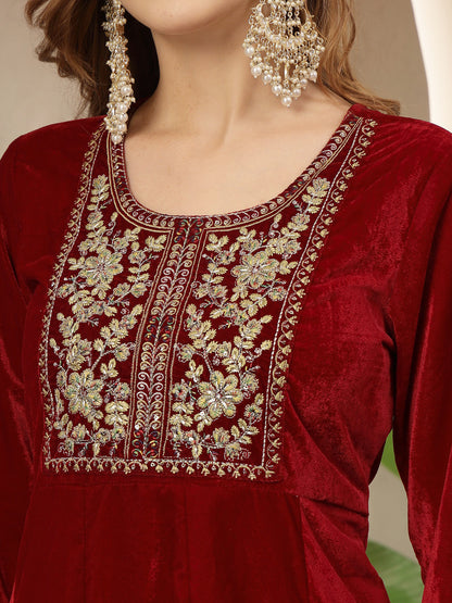 Red Solid & Embroidered Velvet Anarkali Kurta Pant Dupatta Set