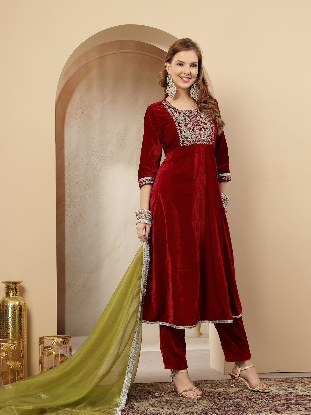 Red Solid & Embroidered Velvet Anarkali Kurta Pant Dupatta Set