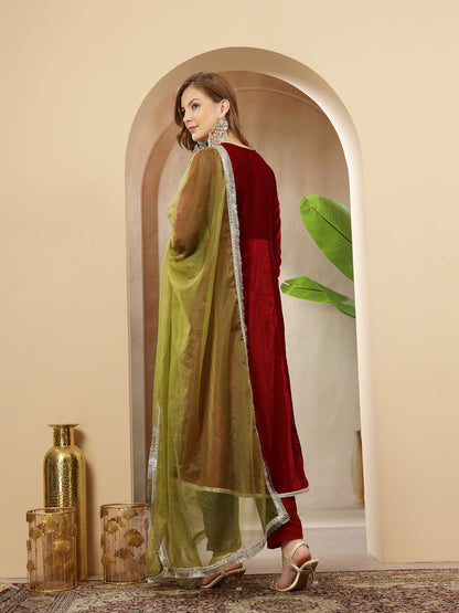 Red Solid & Embroidered Velvet Anarkali Kurta Pant Dupatta Set