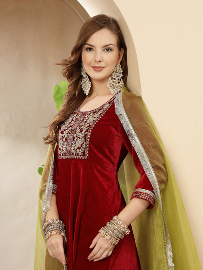 Red Solid & Embroidered Velvet Anarkali Kurta Pant Dupatta Set