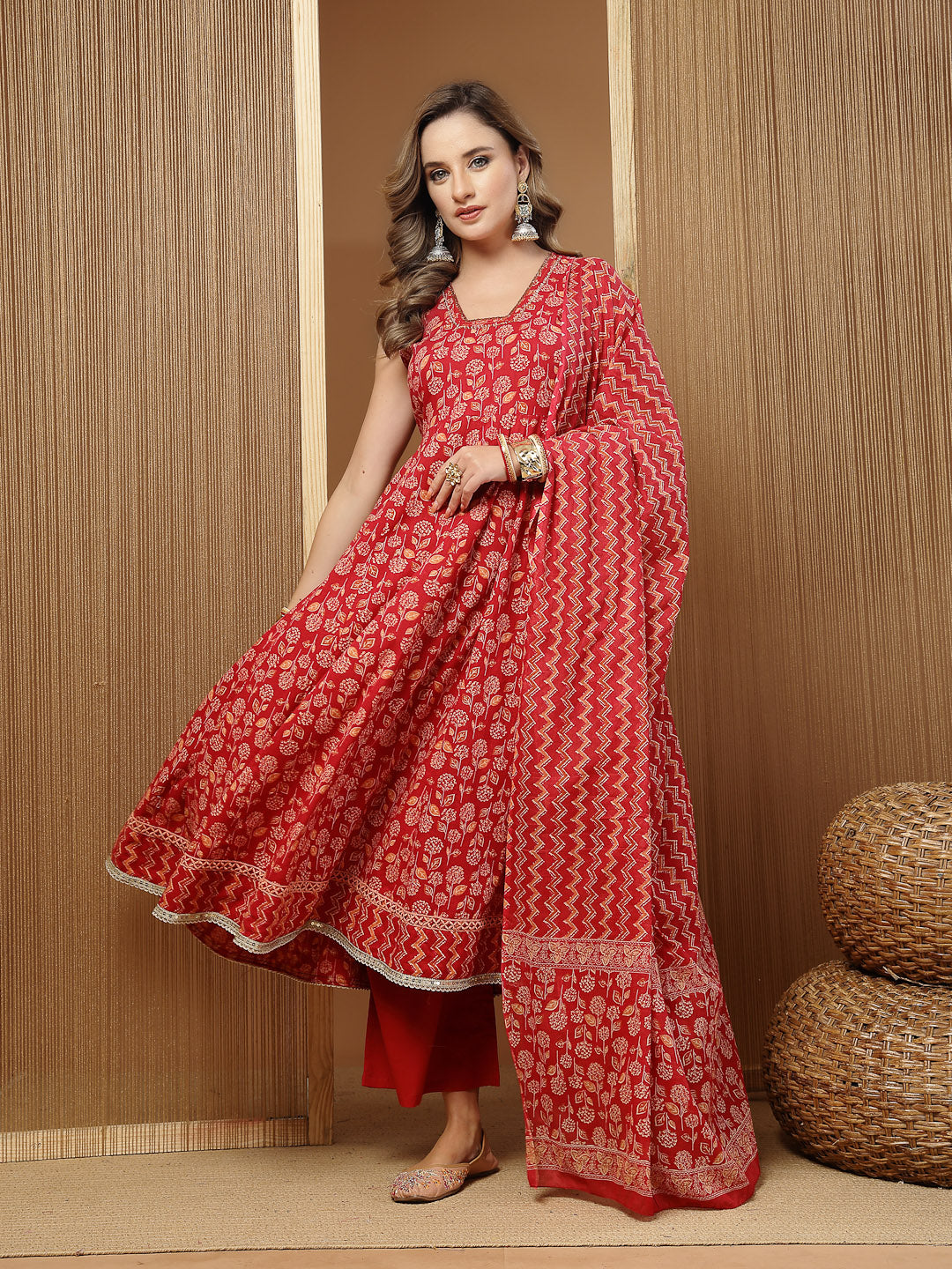 Printed Cotton Anarkali Kurta Palazzo Dupatta Set