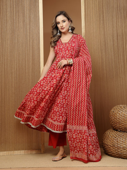 Printed Cotton Anarkali Kurta Palazzo Dupatta Set