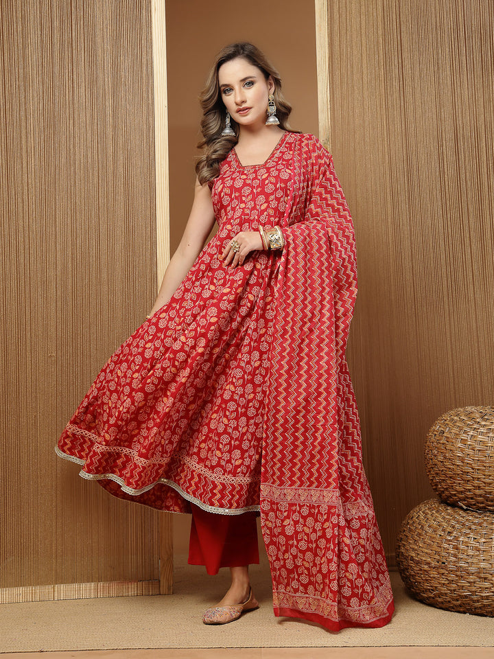 Printed Cotton Anarkali Kurta Palazzo Dupatta Set