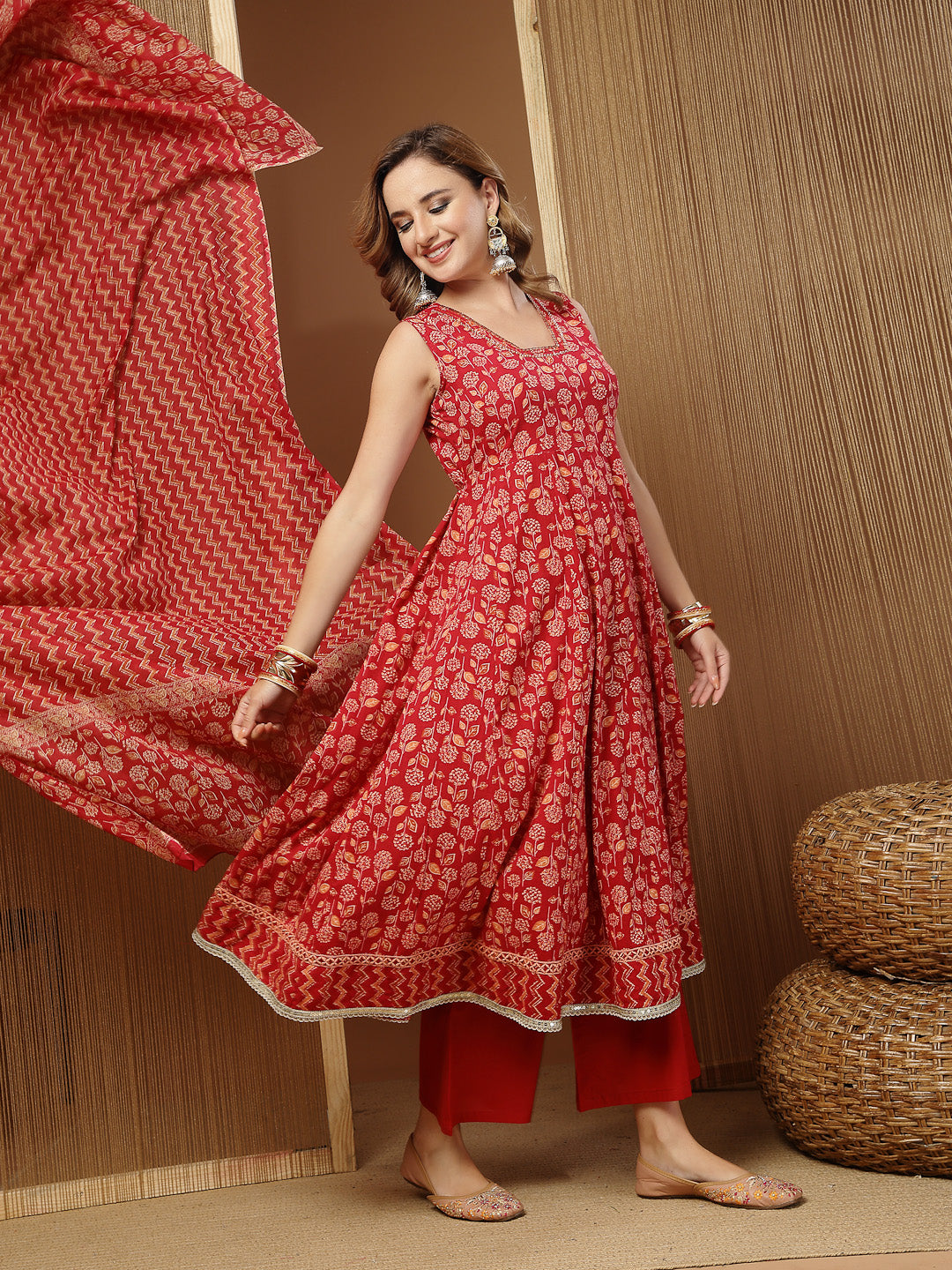 Printed Cotton Anarkali Kurta Palazzo Dupatta Set
