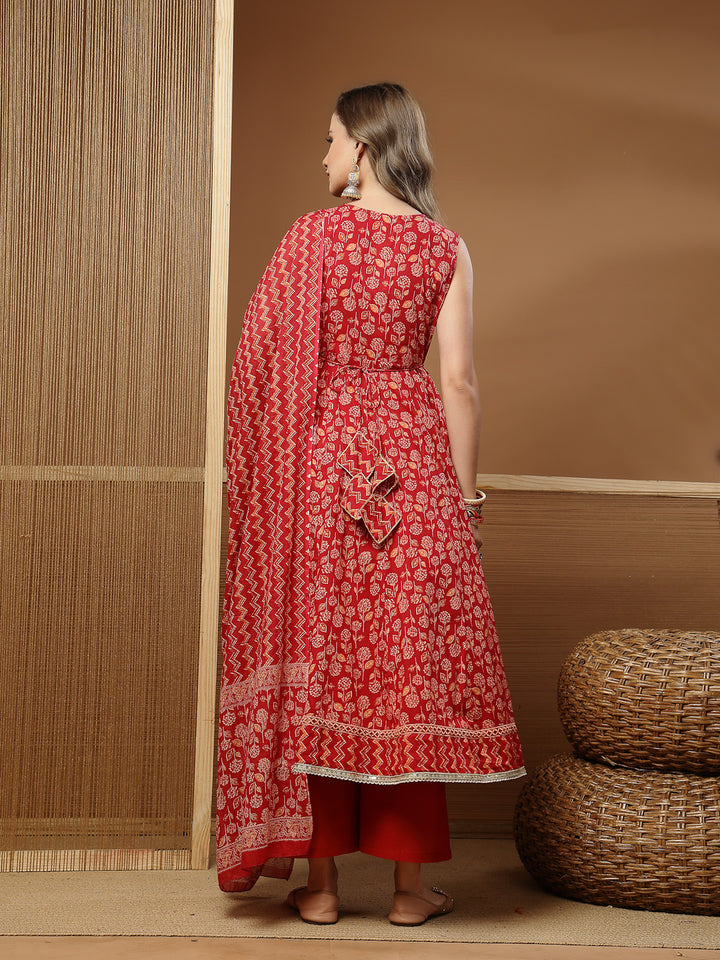 Printed Cotton Anarkali Kurta Palazzo Dupatta Set