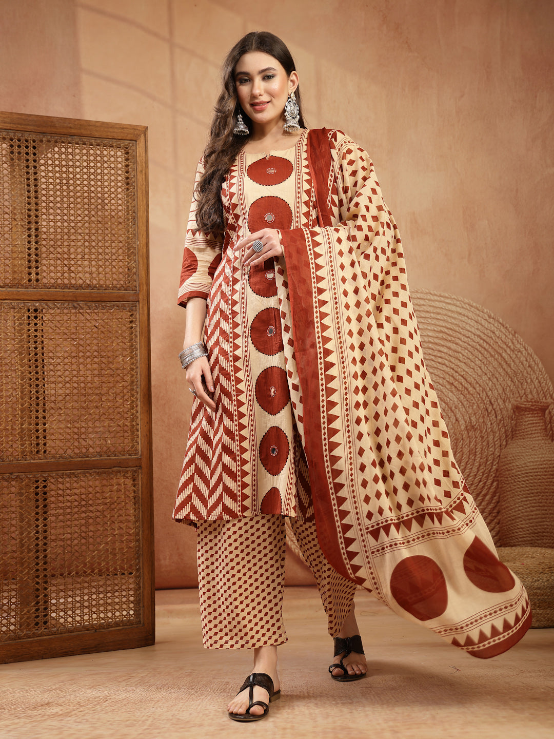 Printed Cotton A-Line Kurta Palazzo Dupatta Set
