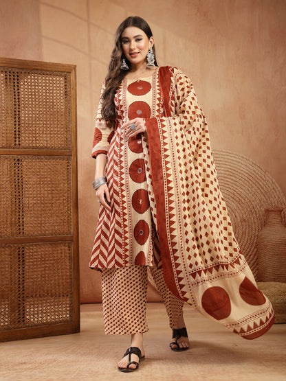 Printed Cotton A-Line Kurta Palazzo Dupatta Set