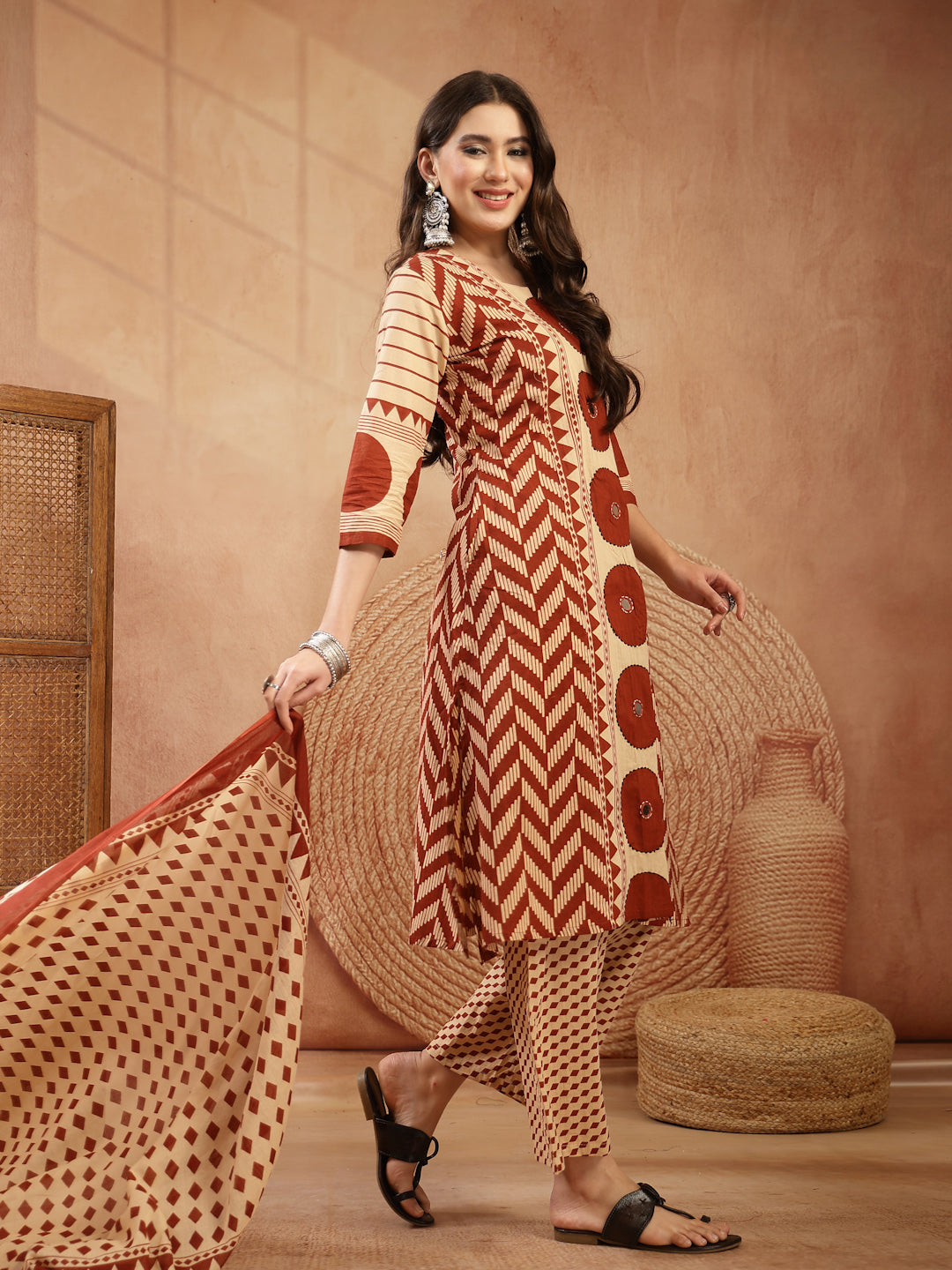 Printed Cotton A-Line Kurta Palazzo Dupatta Set