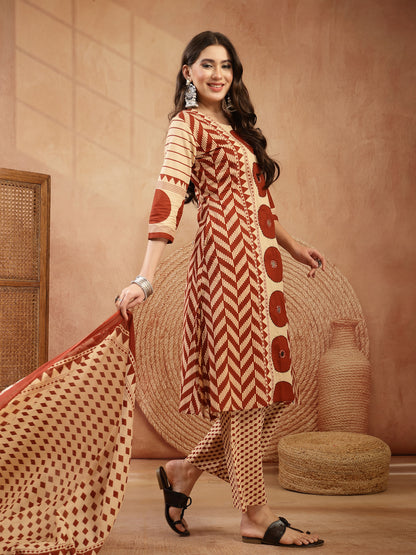 Printed Cotton A-Line Kurta Palazzo Dupatta Set