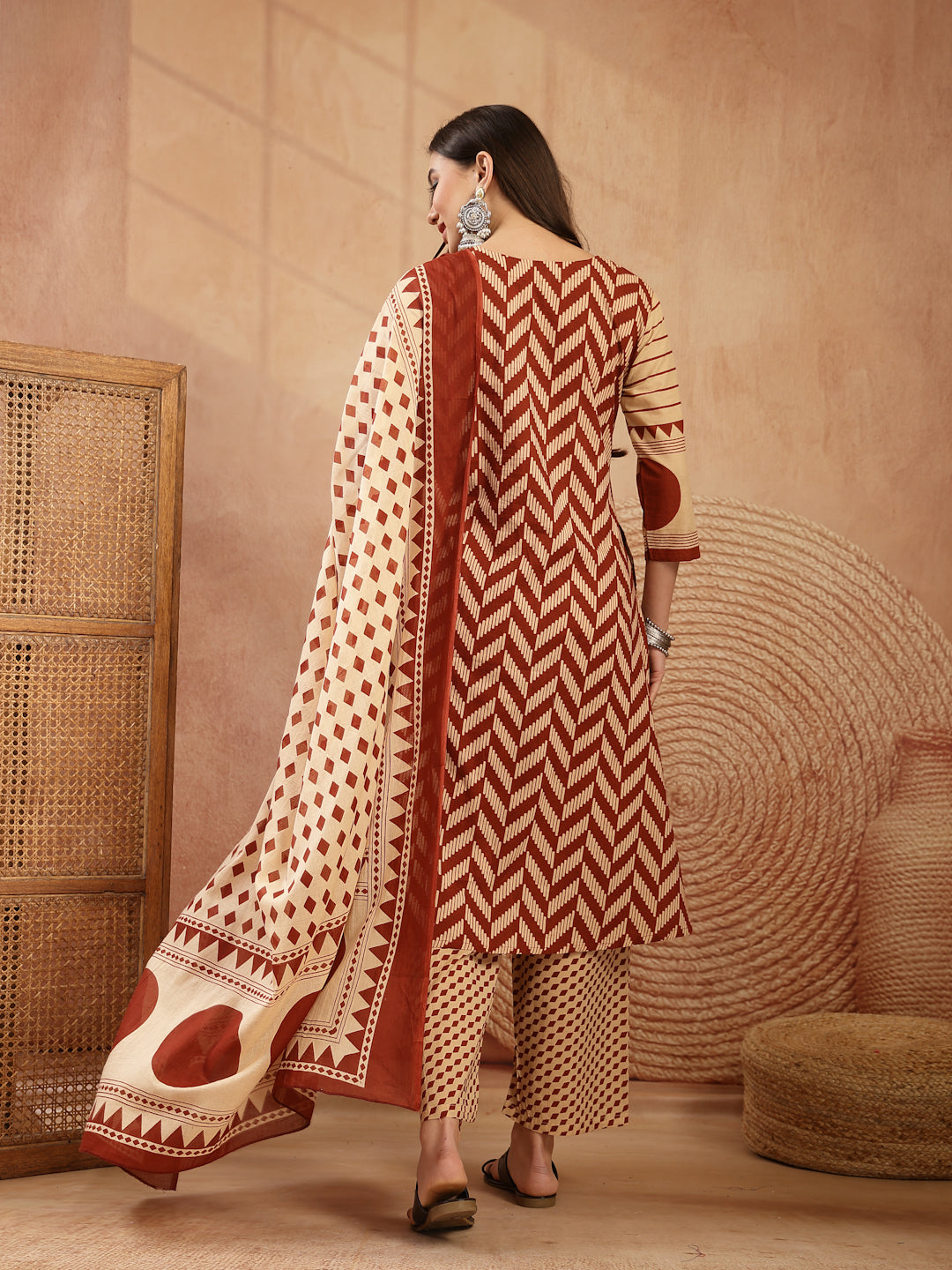 Printed Cotton A-Line Kurta Palazzo Dupatta Set